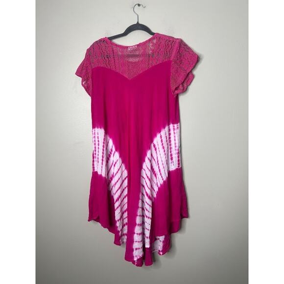 Pepper Free Size Pink Dress Asymmetric Floral Tie Dye Lace Beachy Boho Hippie - Picture 5 of 8
